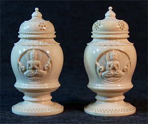 Carved Ivory Salt and Pepper shakers  with amazing detail and screw-off caps (4.5 in. tall) - 1st half 20th C